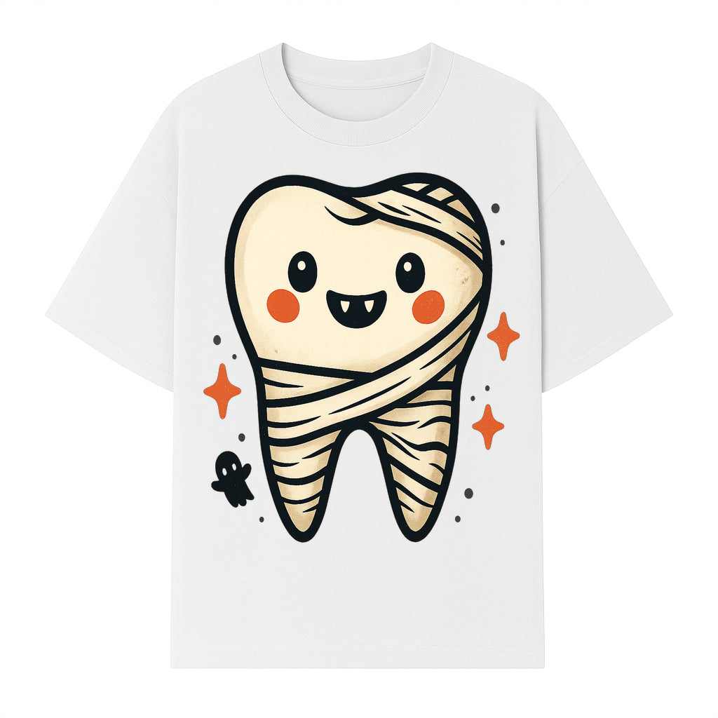 Cute Halloween Tooth Character Art Print - Spooky Mummy Tooth with Ghost and Sparkles - Whimsical Decor for Kids' Rooms - T-shirt 1758250141074.jpg