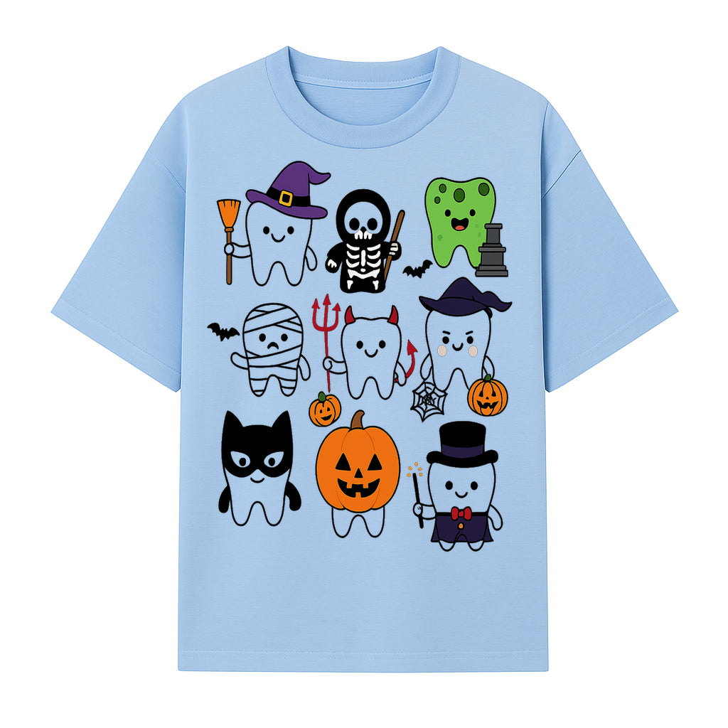 Halloween Tooth Characters Stickers | Cute Spooky Dental Themed Decor | Ghosts, Pumpkins, Skulls, and Mummies Design - T-shirt 1758250141083.jpg