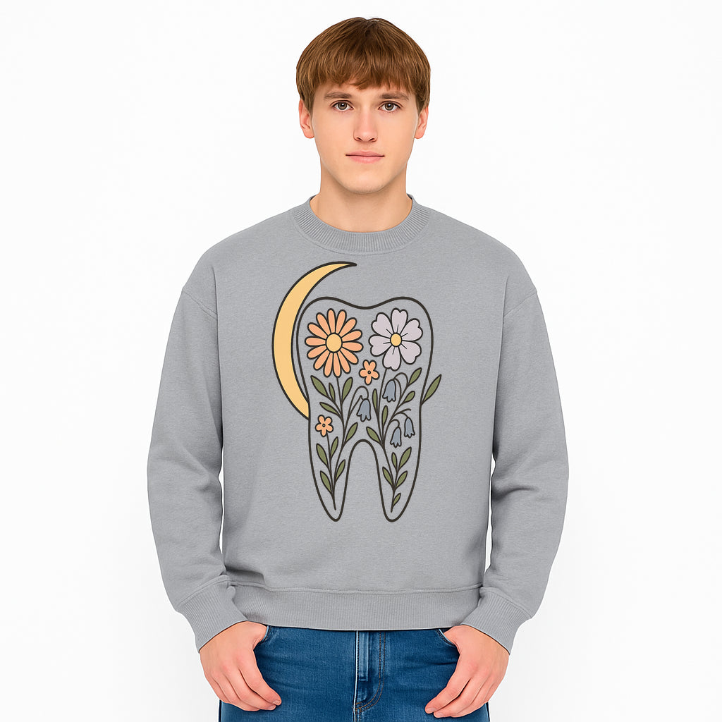 Floral Tooth Illustration with Moon Design - Vintage Style Dental Art Print for Home Decor and Gift - Sweatshirt 1758250141335.jpg