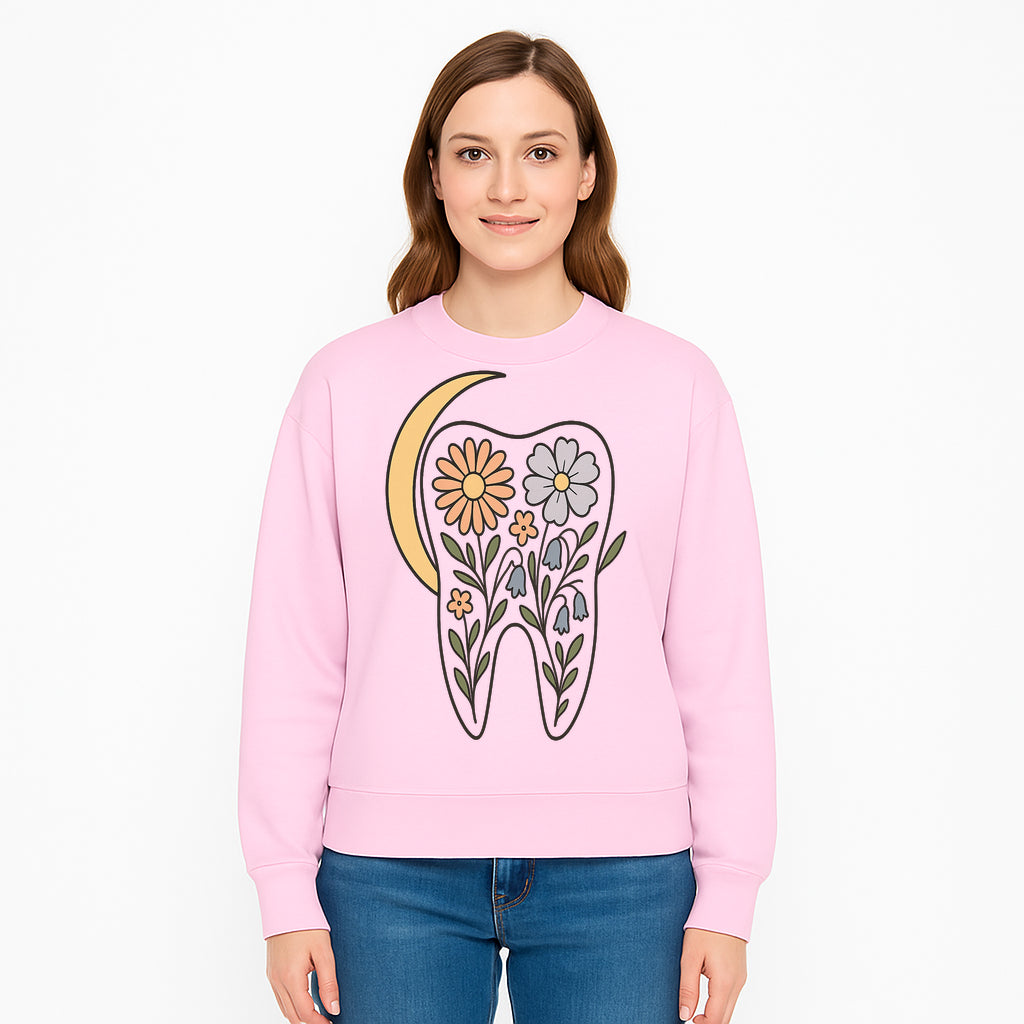 Floral Tooth Illustration with Moon Design - Vintage Style Dental Art Print for Home Decor and Gift - Sweatshirt 1758250141492.jpg