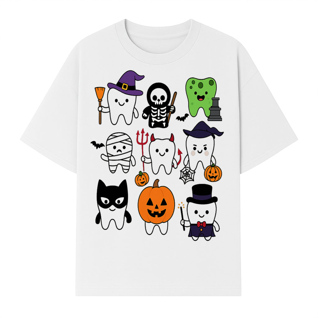 Halloween Tooth Characters Stickers | Cute Spooky Dental Themed Decor | Ghosts, Pumpkins, Skulls, and Mummies Design - T-shirt 1758250142045.jpg