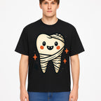 Cute Halloween Tooth Character Art Print - Spooky Mummy Tooth with Ghost and Sparkles - Whimsical Decor for Kids' Rooms - T-shirt 1758250142230.jpg