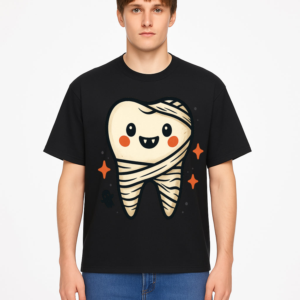 Cute Halloween Tooth Character Art Print - Spooky Mummy Tooth with Ghost and Sparkles - Whimsical Decor for Kids' Rooms - T-shirt 1758250142230.jpg