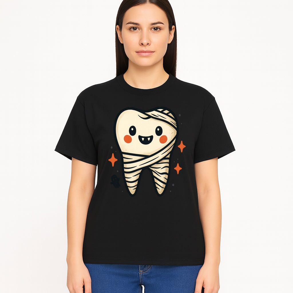 Cute Halloween Tooth Character Art Print - Spooky Mummy Tooth with Ghost and Sparkles - Whimsical Decor for Kids' Rooms - T-shirt 1758250142391.jpg