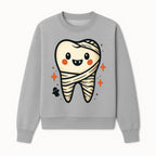 Cute Halloween Tooth Character Art Print - Spooky Mummy Tooth with Ghost and Sparkles - Whimsical Decor for Kids' Rooms - Sweatshirt 1758250142623.jpg