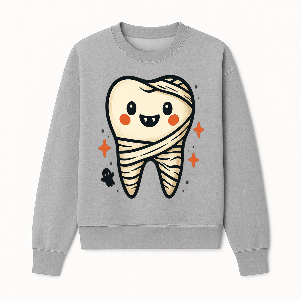 Cute Halloween Tooth Character Art Print - Spooky Mummy Tooth with Ghost and Sparkles - Whimsical Decor for Kids' Rooms - Sweatshirt 1758250142623.jpg
