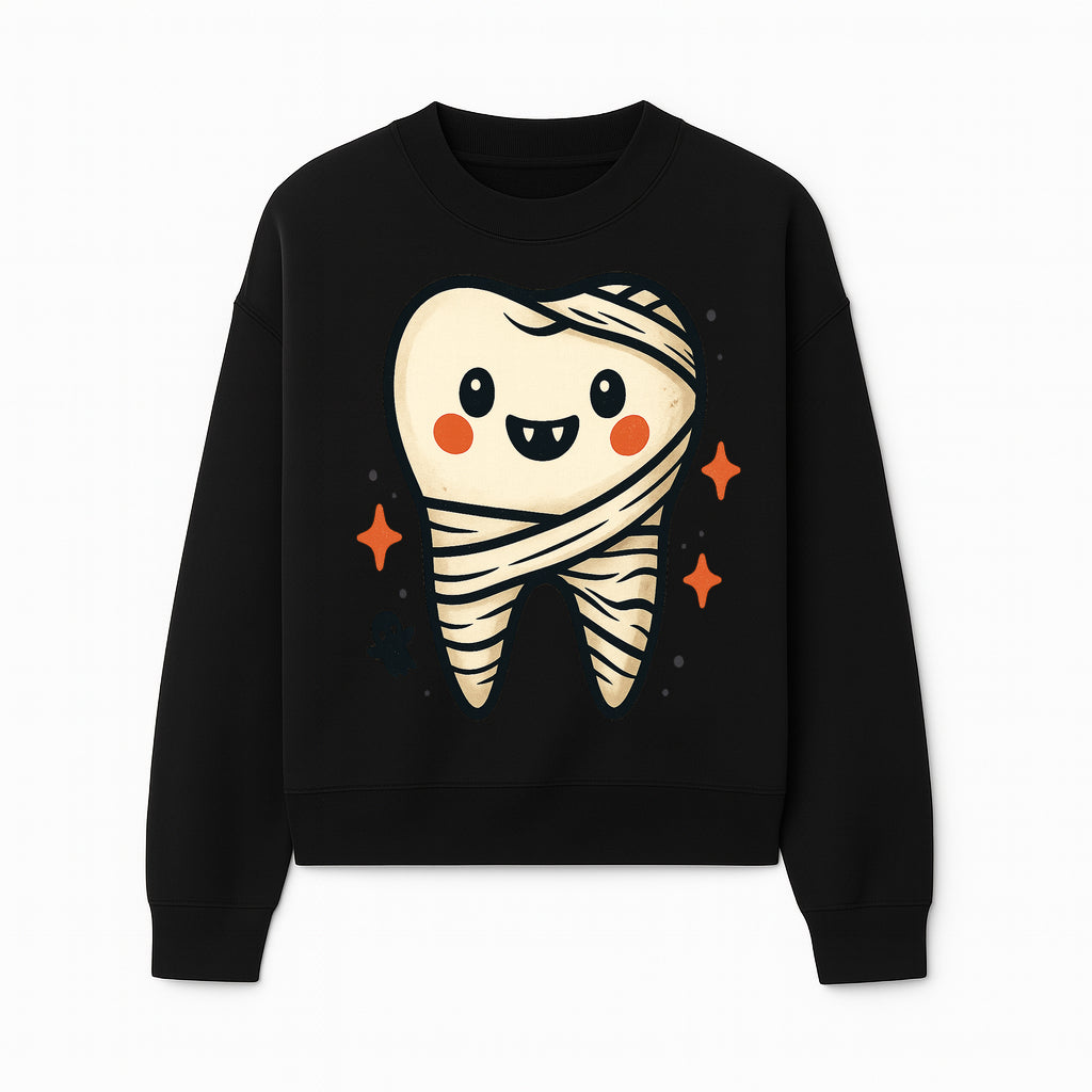Cute Halloween Tooth Character Art Print - Spooky Mummy Tooth with Ghost and Sparkles - Whimsical Decor for Kids' Rooms - Sweatshirt 1758250142778.jpg