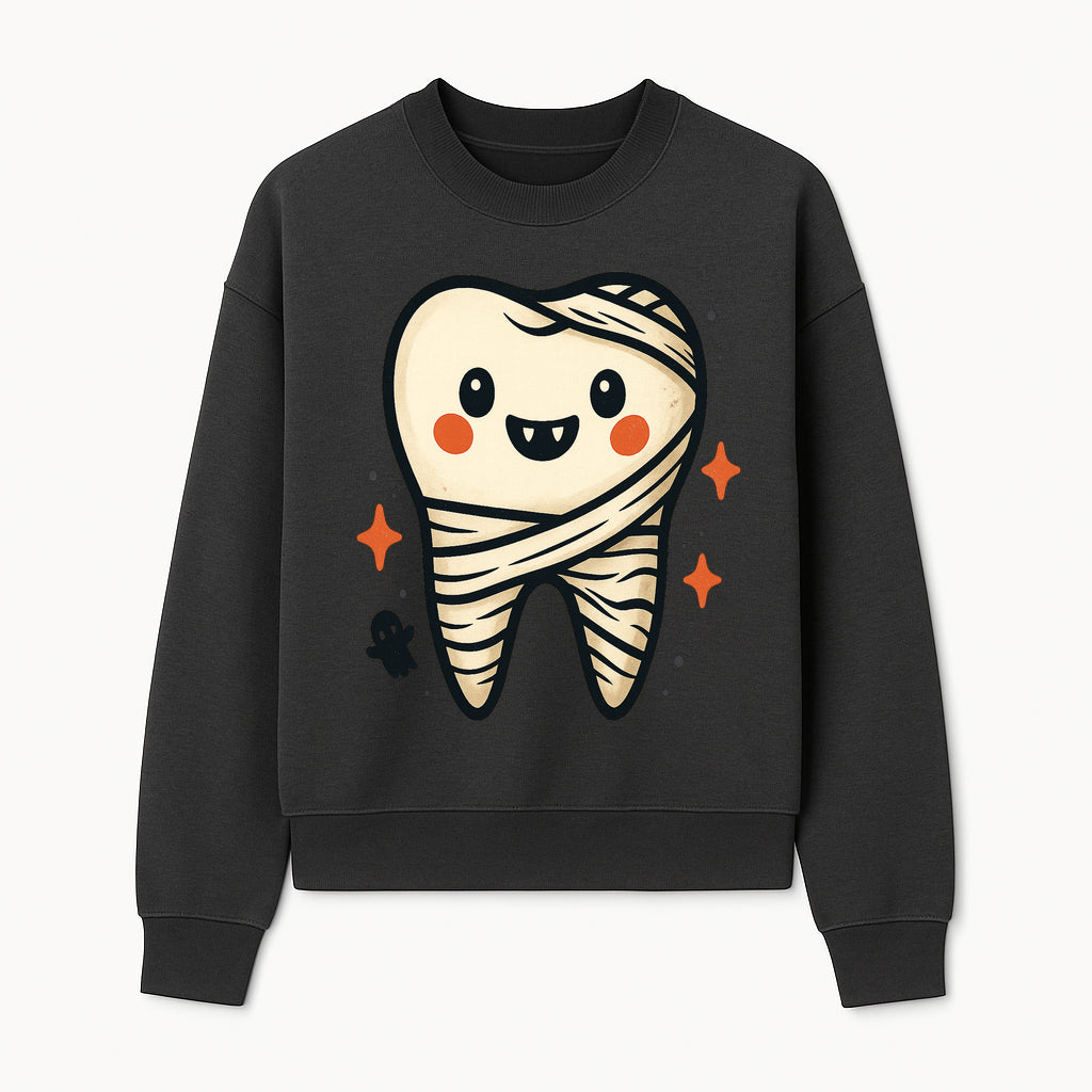 Cute Halloween Tooth Character Art Print - Spooky Mummy Tooth with Ghost and Sparkles - Whimsical Decor for Kids' Rooms - Sweatshirt 1758250142898.jpg