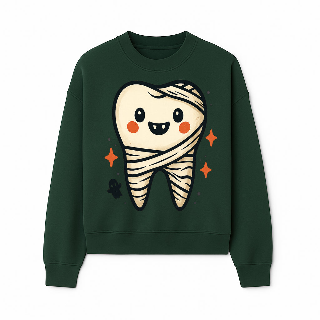 Cute Halloween Tooth Character Art Print - Spooky Mummy Tooth with Ghost and Sparkles - Whimsical Decor for Kids' Rooms - Sweatshirt 1758250143059.jpg