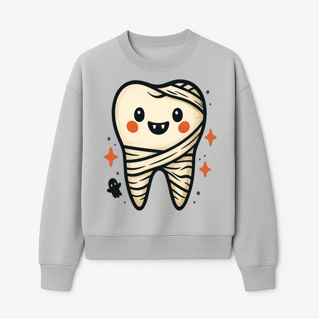 Cute Halloween Tooth Character Art Print - Spooky Mummy Tooth with Ghost and Sparkles - Whimsical Decor for Kids' Rooms - Sweatshirt 1758250143200.jpg