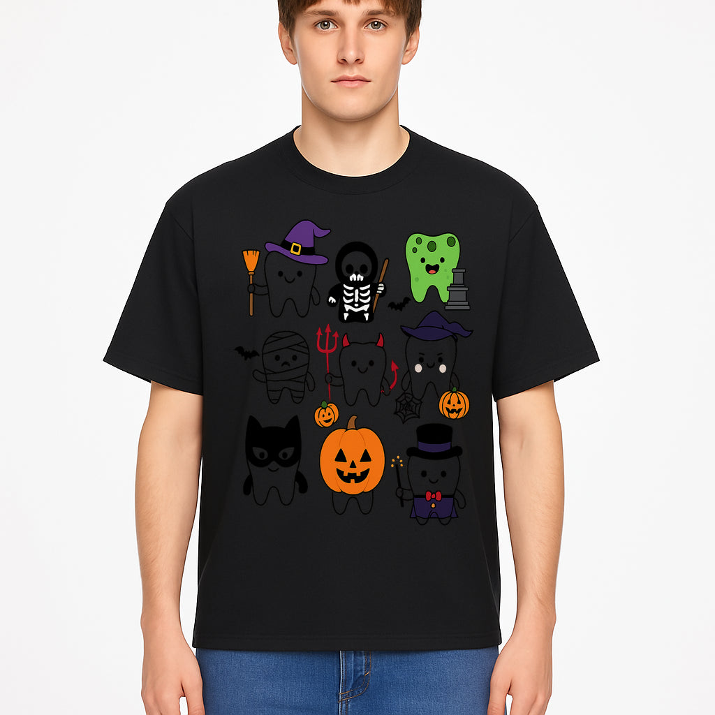 Halloween Tooth Characters Stickers | Cute Spooky Dental Themed Decor | Ghosts, Pumpkins, Skulls, and Mummies Design - T-shirt 1758250143213.jpg