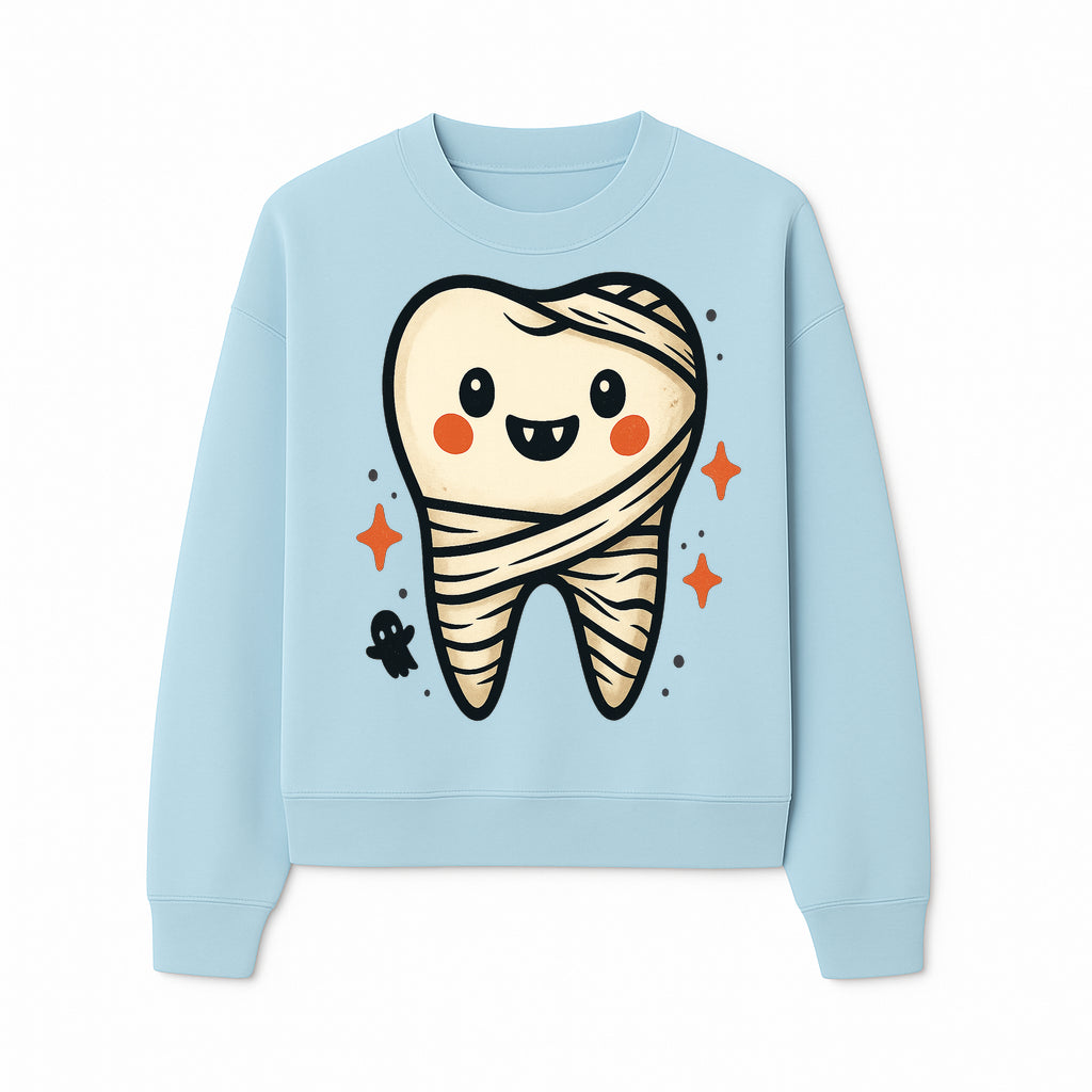 Cute Halloween Tooth Character Art Print - Spooky Mummy Tooth with Ghost and Sparkles - Whimsical Decor for Kids' Rooms - Sweatshirt 1758250143327.jpg