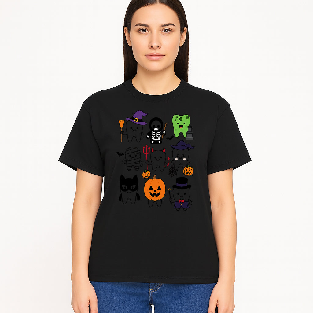 Halloween Tooth Characters Stickers | Cute Spooky Dental Themed Decor | Ghosts, Pumpkins, Skulls, and Mummies Design - T-shirt 1758250143364.jpg