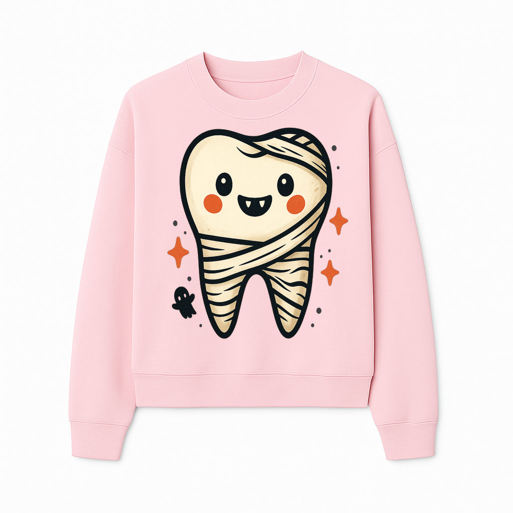 Cute Halloween Tooth Character Art Print - Spooky Mummy Tooth with Ghost and Sparkles - Whimsical Decor for Kids' Rooms - Sweatshirt 1758250143481.jpg