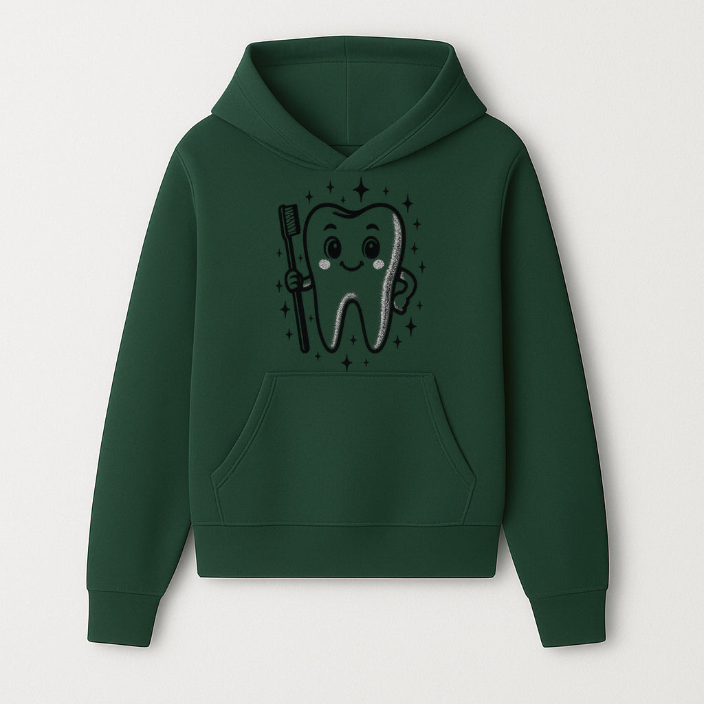 Cute Tooth Character with Toothbrush and Sparkles, Kids Dental Hygiene Art Print, Adorable Tooth Decor for Children's Room - Hoodie 1758250143546.jpg