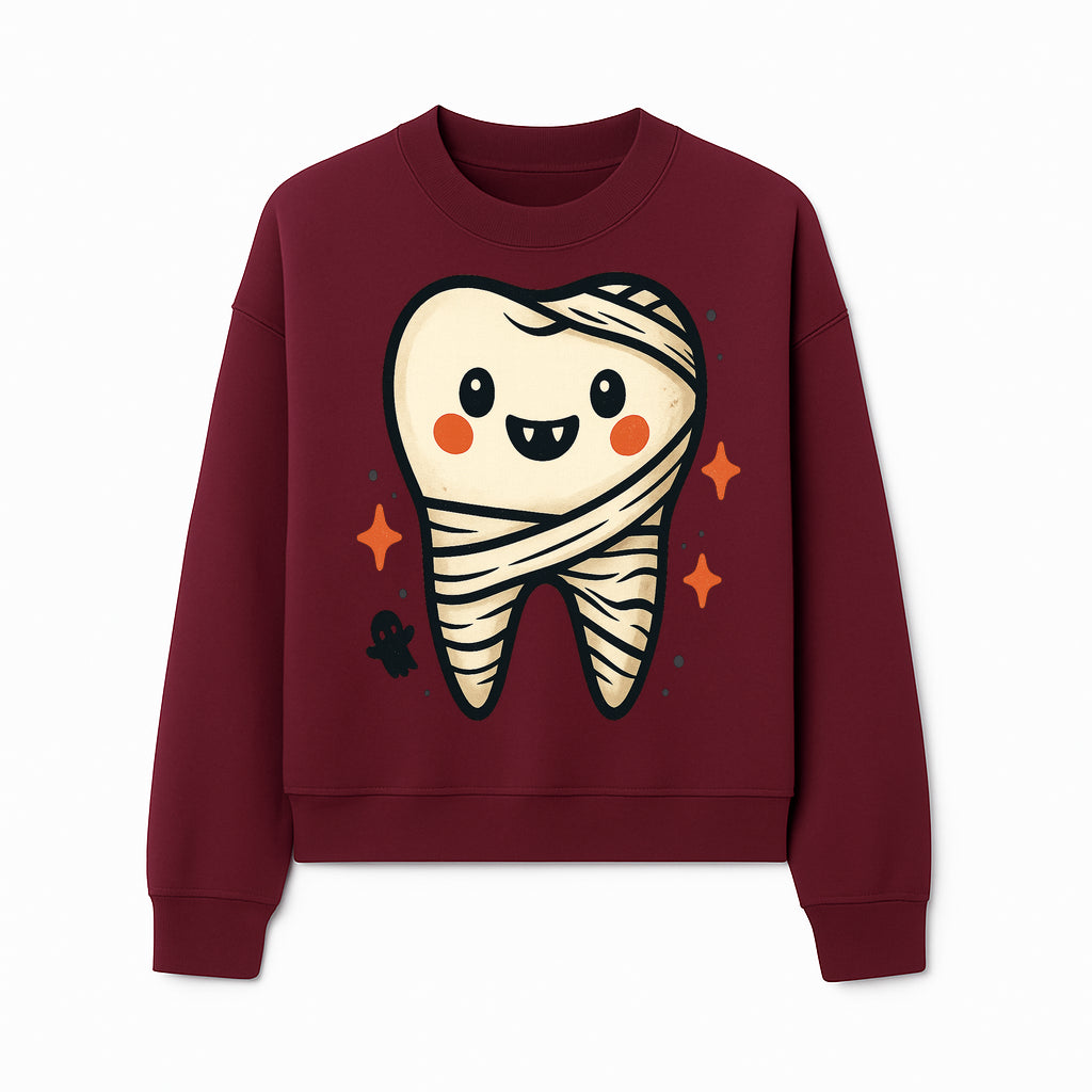 Cute Halloween Tooth Character Art Print - Spooky Mummy Tooth with Ghost and Sparkles - Whimsical Decor for Kids' Rooms - Sweatshirt 1758250143669.jpg