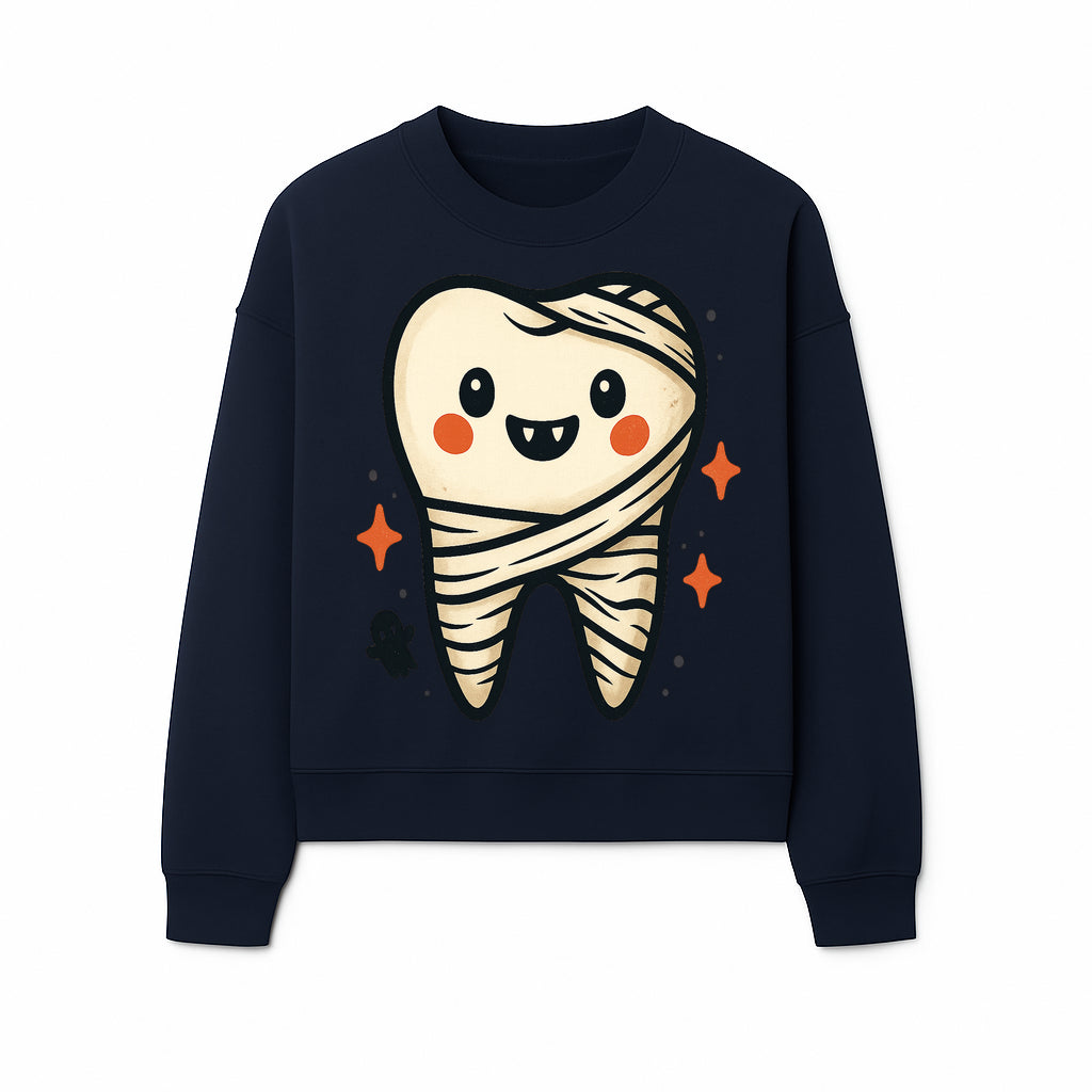 Cute Halloween Tooth Character Art Print - Spooky Mummy Tooth with Ghost and Sparkles - Whimsical Decor for Kids' Rooms - Sweatshirt 1758250143866.jpg
