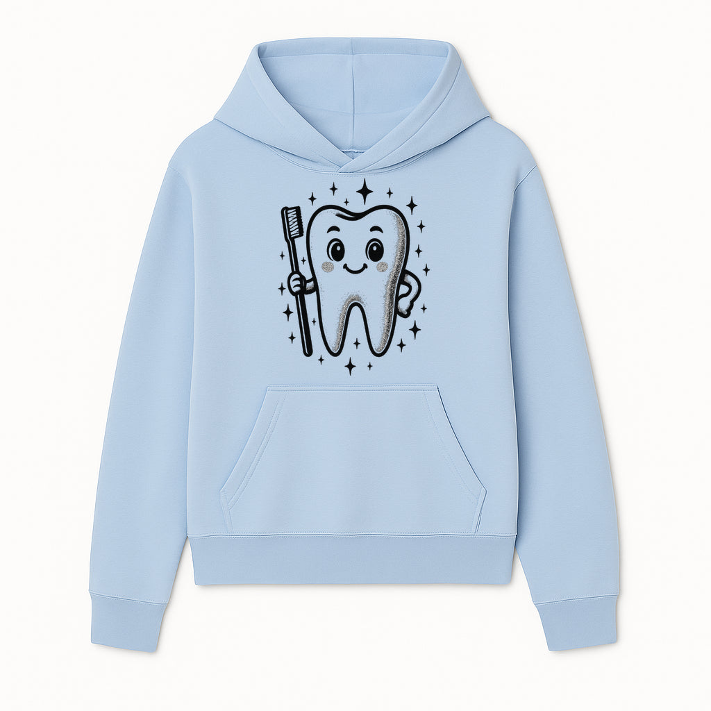 Cute Tooth Character with Toothbrush and Sparkles, Kids Dental Hygiene Art Print, Adorable Tooth Decor for Children's Room - Hoodie 1758250143903.jpg