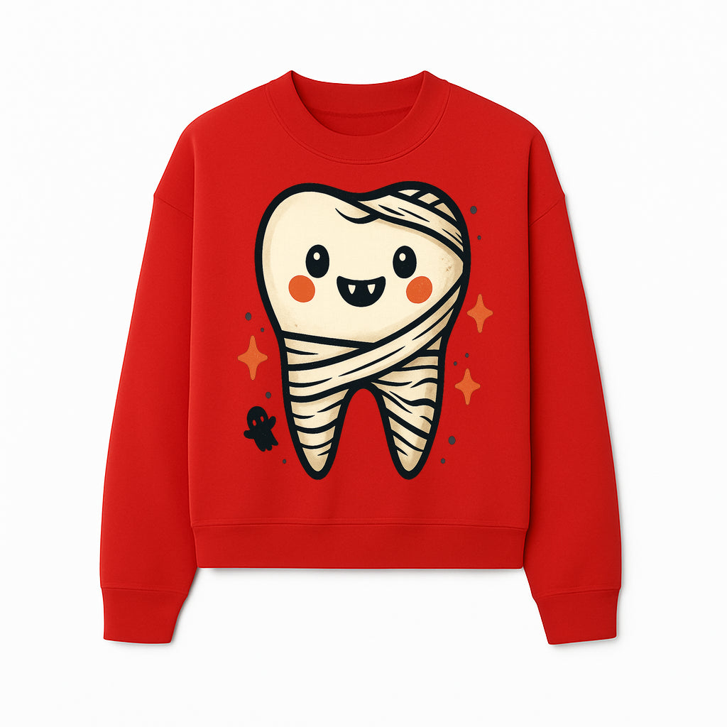Cute Halloween Tooth Character Art Print - Spooky Mummy Tooth with Ghost and Sparkles - Whimsical Decor for Kids' Rooms - Sweatshirt 1758250144022.jpg