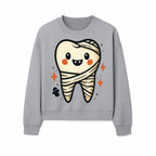 Cute Halloween Tooth Character Art Print - Spooky Mummy Tooth with Ghost and Sparkles - Whimsical Decor for Kids' Rooms - Sweatshirt 1758250144170.jpg