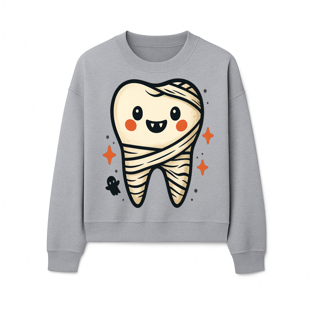 Cute Halloween Tooth Character Art Print - Spooky Mummy Tooth with Ghost and Sparkles - Whimsical Decor for Kids' Rooms - Sweatshirt 1758250144170.jpg