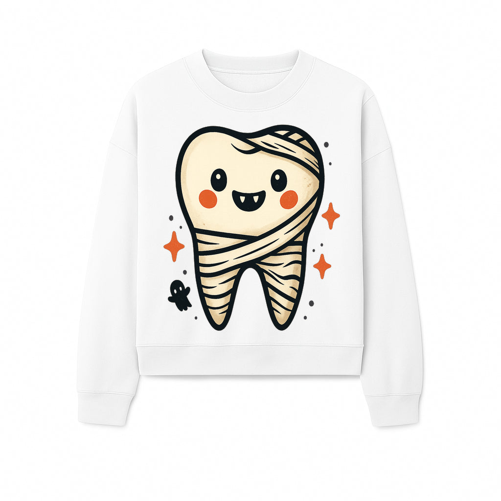 Cute Halloween Tooth Character Art Print - Spooky Mummy Tooth with Ghost and Sparkles - Whimsical Decor for Kids' Rooms - Sweatshirt 1758250144319.jpg