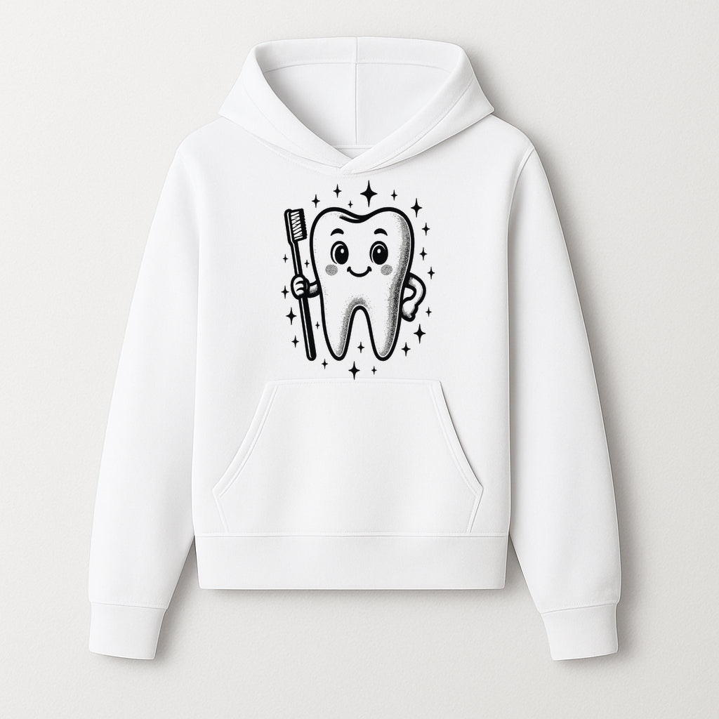 Cute Tooth Character with Toothbrush and Sparkles, Kids Dental Hygiene Art Print, Adorable Tooth Decor for Children's Room - Hoodie 1758250144867.jpg