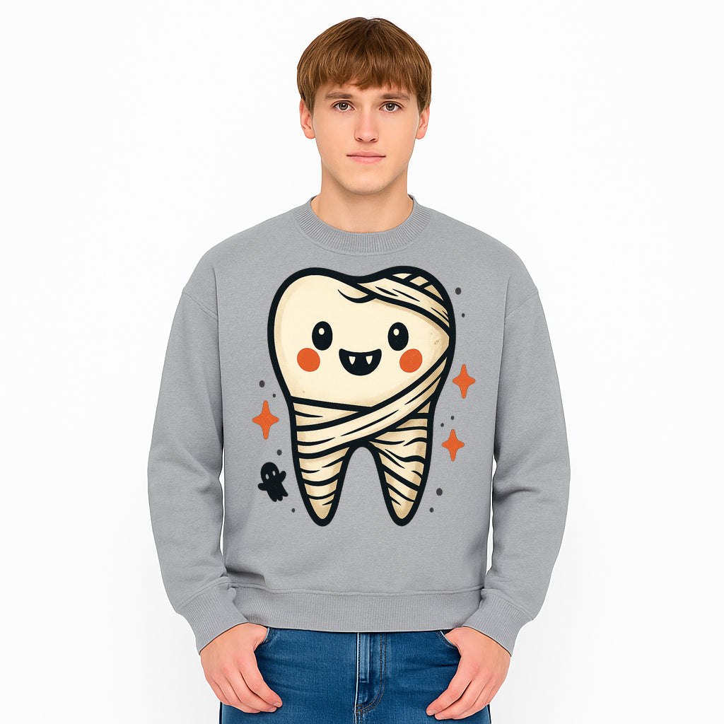 Cute Halloween Tooth Character Art Print - Spooky Mummy Tooth with Ghost and Sparkles - Whimsical Decor for Kids' Rooms - Sweatshirt 1758250145468.jpg