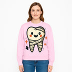 Cute Halloween Tooth Character Art Print - Spooky Mummy Tooth with Ghost and Sparkles - Whimsical Decor for Kids' Rooms - Sweatshirt 1758250145625.jpg