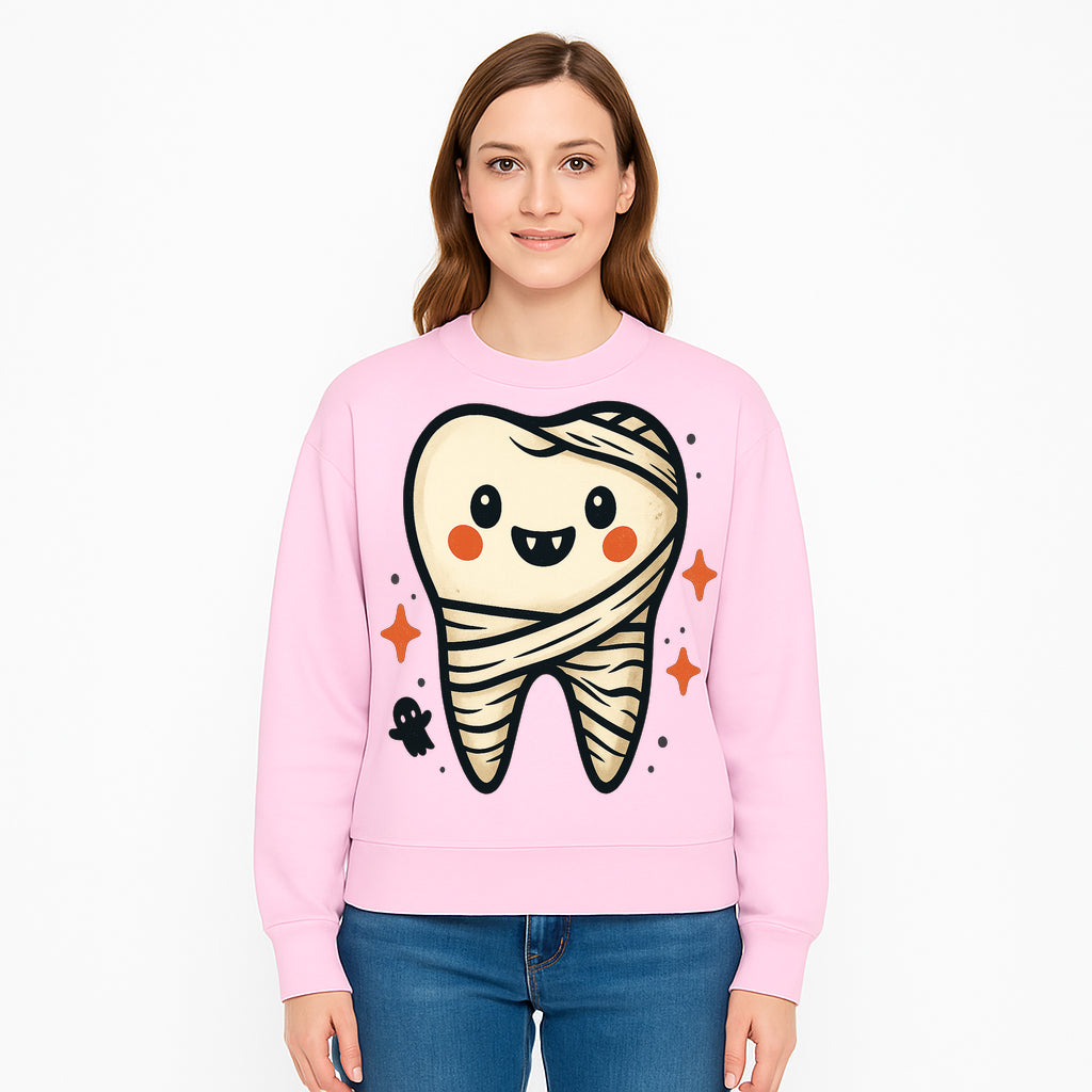 Cute Halloween Tooth Character Art Print - Spooky Mummy Tooth with Ghost and Sparkles - Whimsical Decor for Kids' Rooms - Sweatshirt 1758250145625.jpg