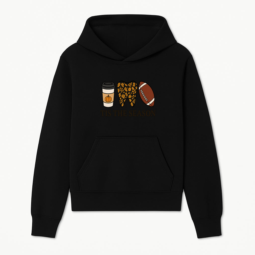 Tis the Season Fall Decor: Pumpkin Coffee, Leafy Tooth, Football Theme Gift for Dental Hygiene, Autumn Collection - Hoodie 1758250145935.jpg