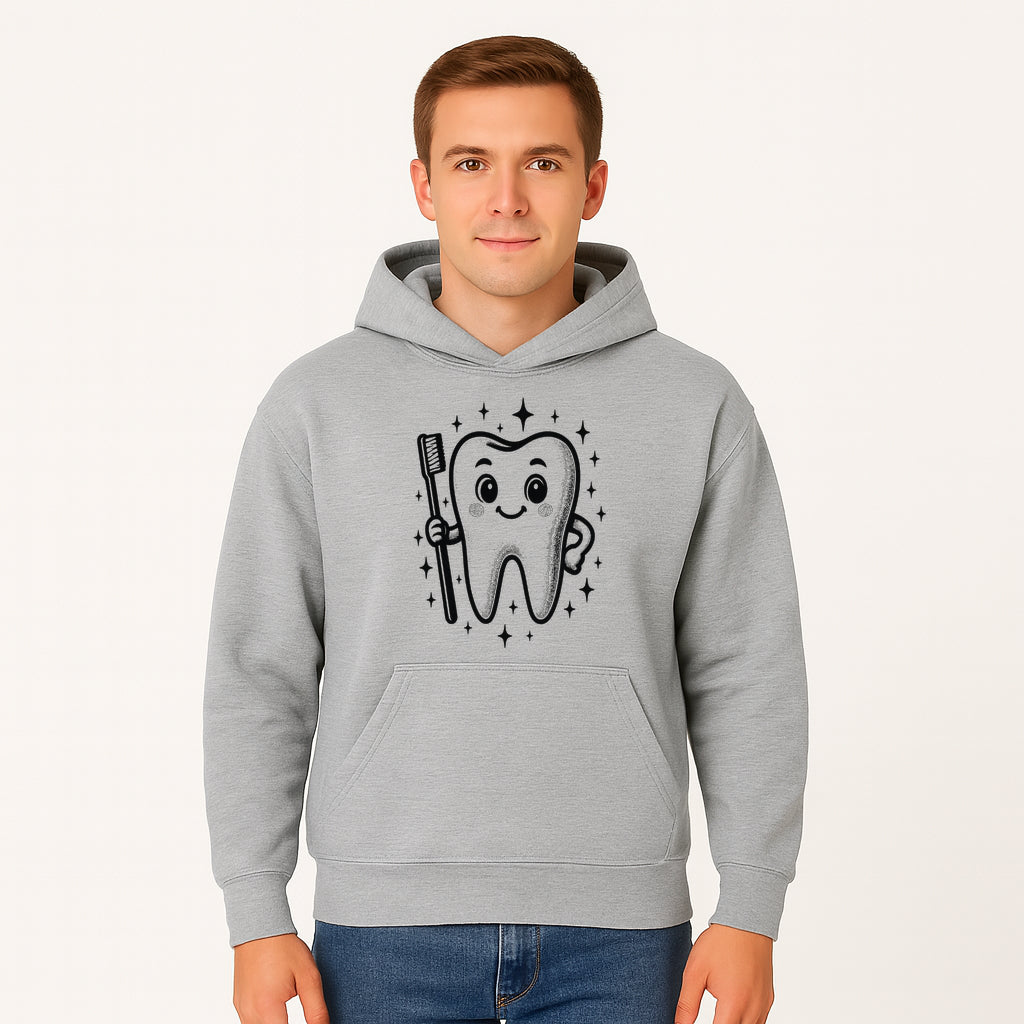 Cute Tooth Character with Toothbrush and Sparkles, Kids Dental Hygiene Art Print, Adorable Tooth Decor for Children's Room - Hoodie 1758250146059.jpg