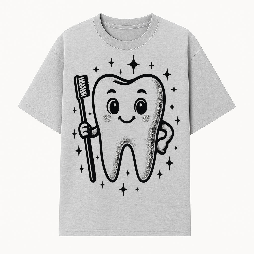 Cute Tooth Character with Toothbrush and Sparkles, Kids Dental Hygiene Art Print, Adorable Tooth Decor for Children's Room - T-shirt 1758250146353.jpg