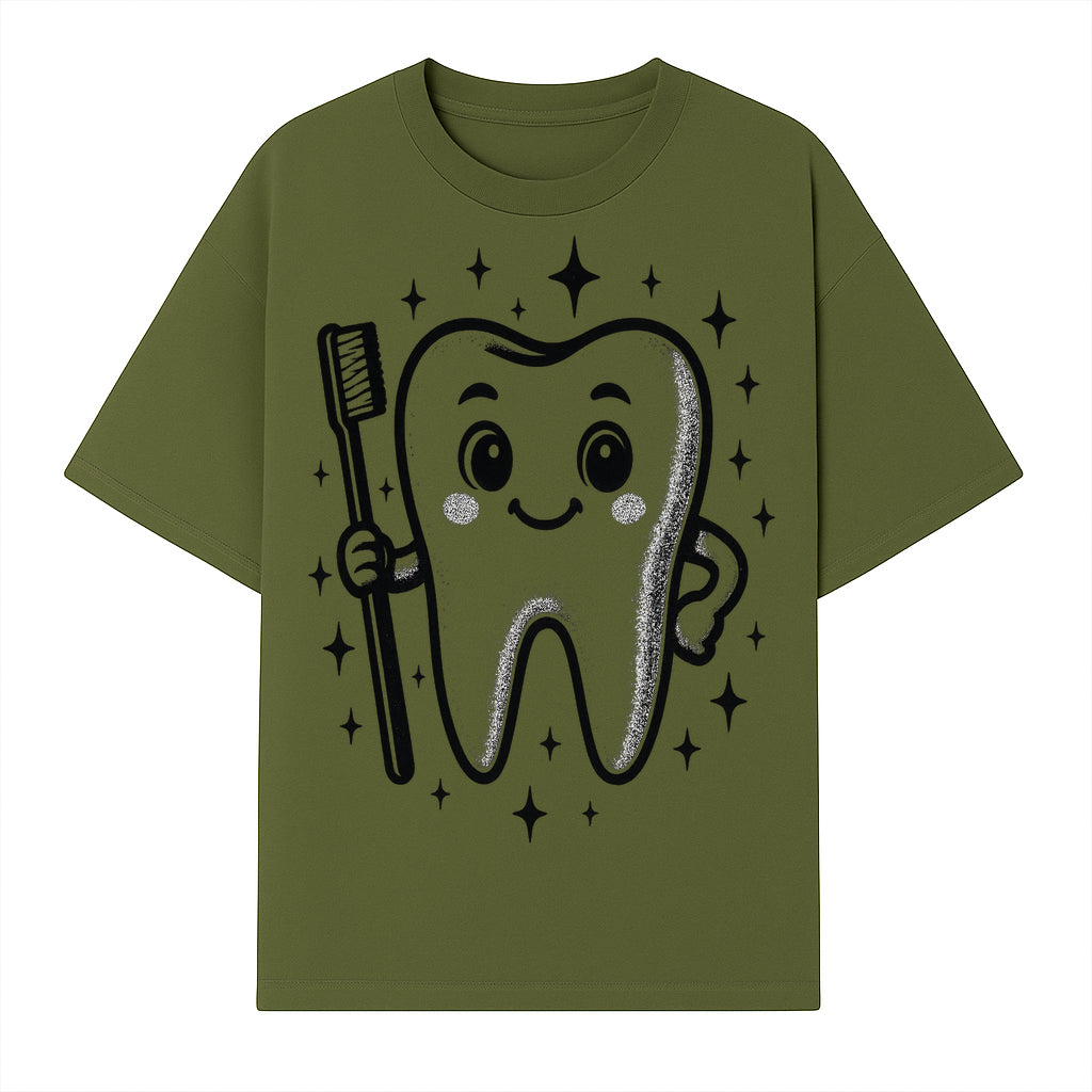 Cute Tooth Character with Toothbrush and Sparkles, Kids Dental Hygiene Art Print, Adorable Tooth Decor for Children's Room - T-shirt 1758250146797.jpg