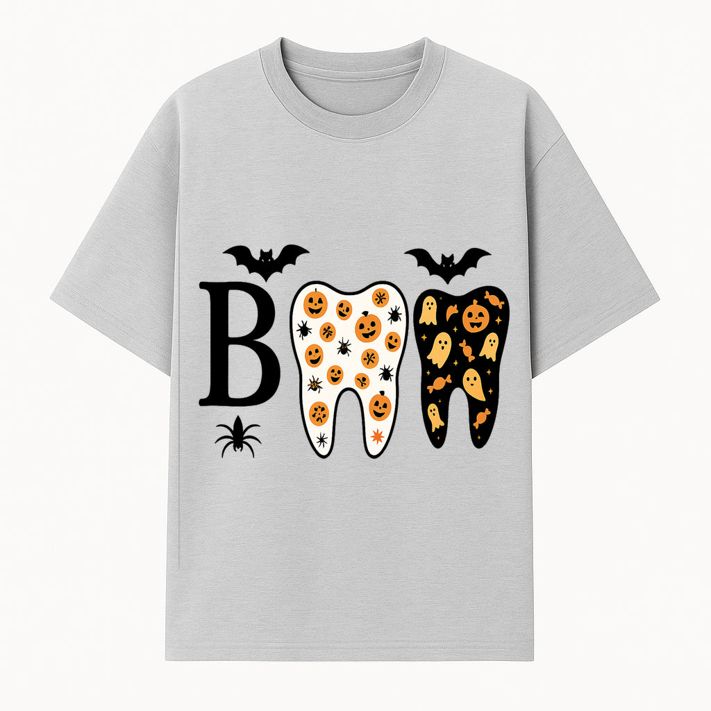 Halloween Tooth Decor: Spooky Pumpkin & Ghost Patterns, Fun Dental Theme, Perfect for Trick-or-Treat Celebrations and Parties - T-shirt 1758250146851.jpg