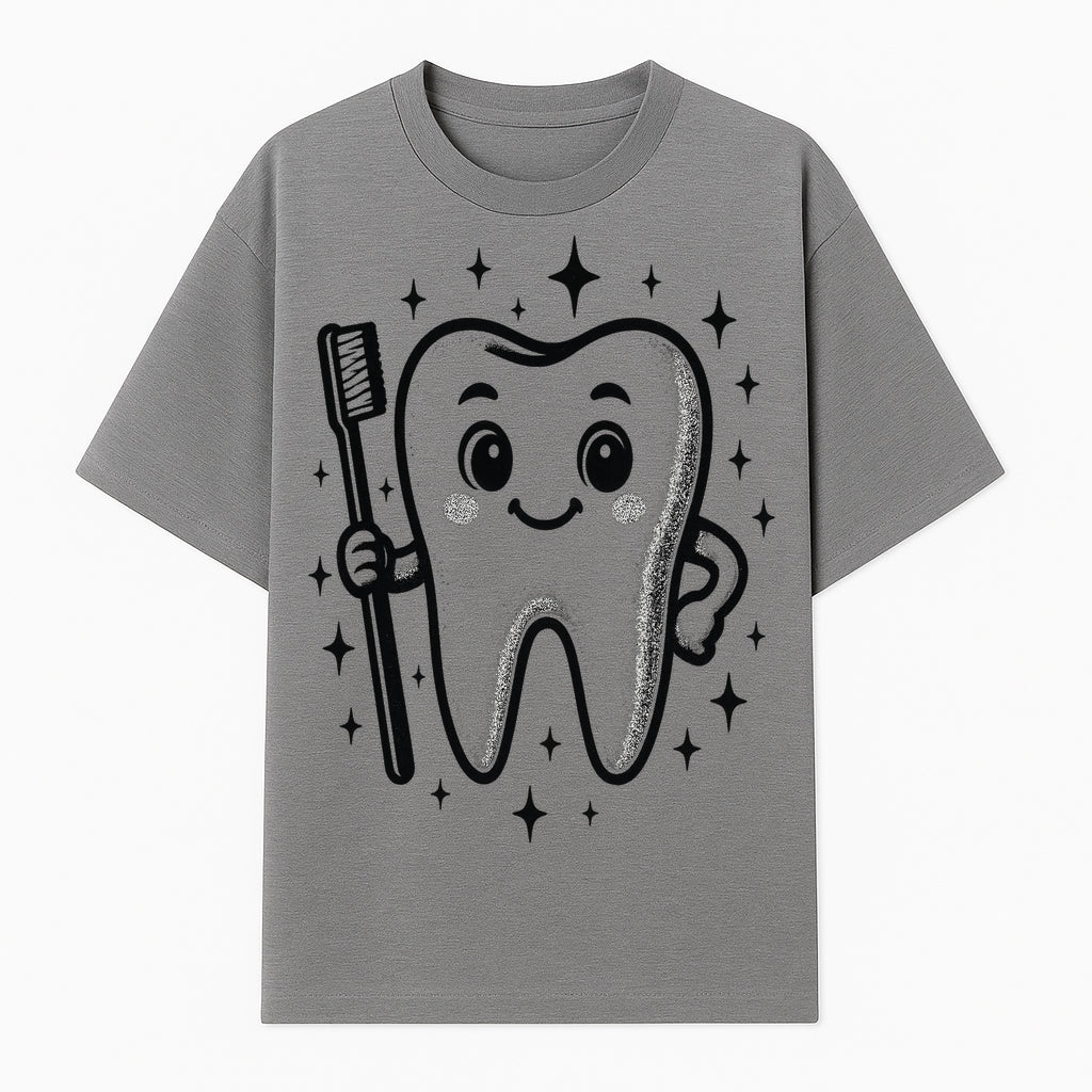 Cute Tooth Character with Toothbrush and Sparkles, Kids Dental Hygiene Art Print, Adorable Tooth Decor for Children's Room - T-shirt 1758250146934.jpg