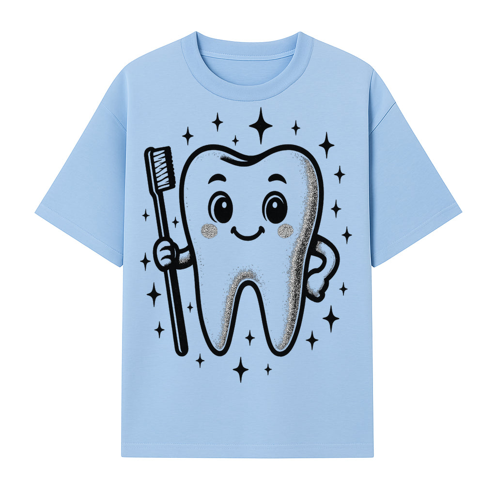 Cute Tooth Character with Toothbrush and Sparkles, Kids Dental Hygiene Art Print, Adorable Tooth Decor for Children's Room - T-shirt 1758250147102.jpg