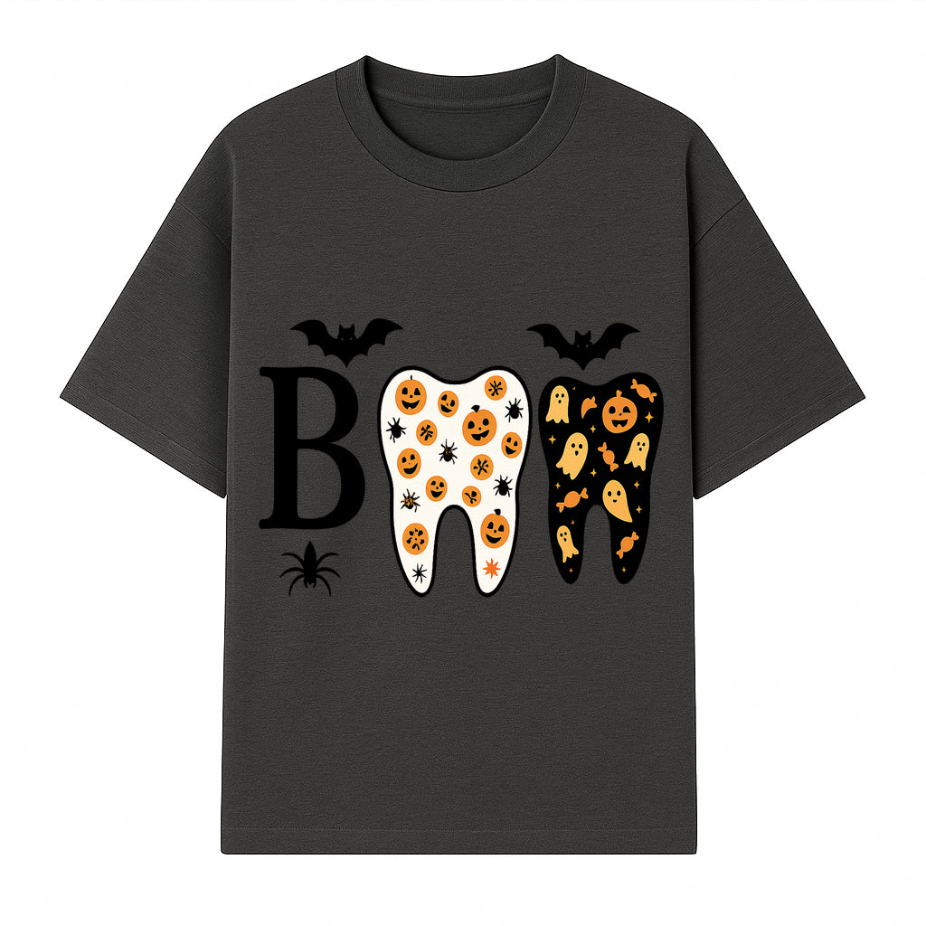 Halloween Tooth Decor: Spooky Pumpkin & Ghost Patterns, Fun Dental Theme, Perfect for Trick-or-Treat Celebrations and Parties - T-shirt 1758250147137.jpg