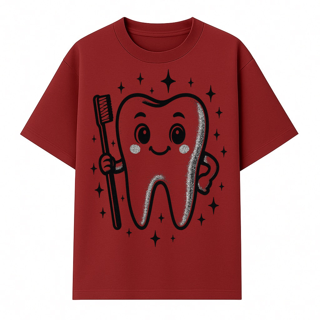 Cute Tooth Character with Toothbrush and Sparkles, Kids Dental Hygiene Art Print, Adorable Tooth Decor for Children's Room - T-shirt 1758250147476.jpg