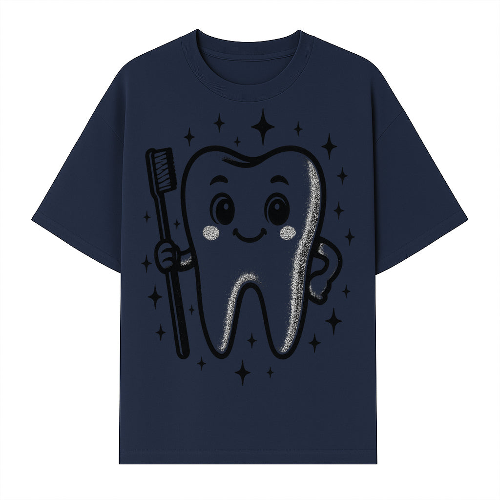 Cute Tooth Character with Toothbrush and Sparkles, Kids Dental Hygiene Art Print, Adorable Tooth Decor for Children's Room - T-shirt 1758250147619.jpg