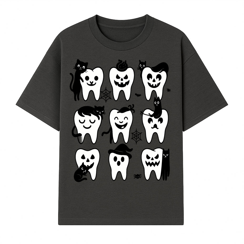 Halloween Tooth Design with Cats - Cute and Spooky Dental Art for Kids, Stickers, Apparel, and Home Decor - T-shirt 1758250147754.jpg
