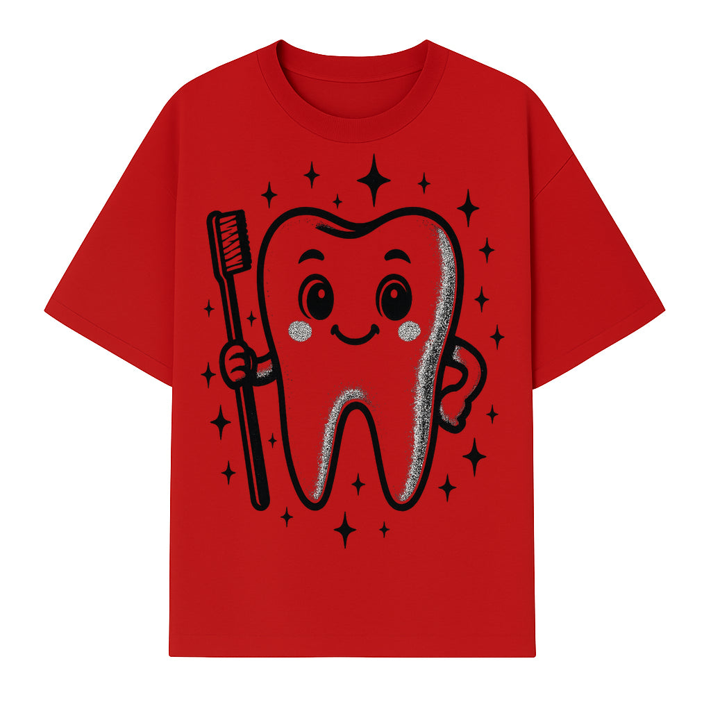 Cute Tooth Character with Toothbrush and Sparkles, Kids Dental Hygiene Art Print, Adorable Tooth Decor for Children's Room - T-shirt 1758250147778.jpg