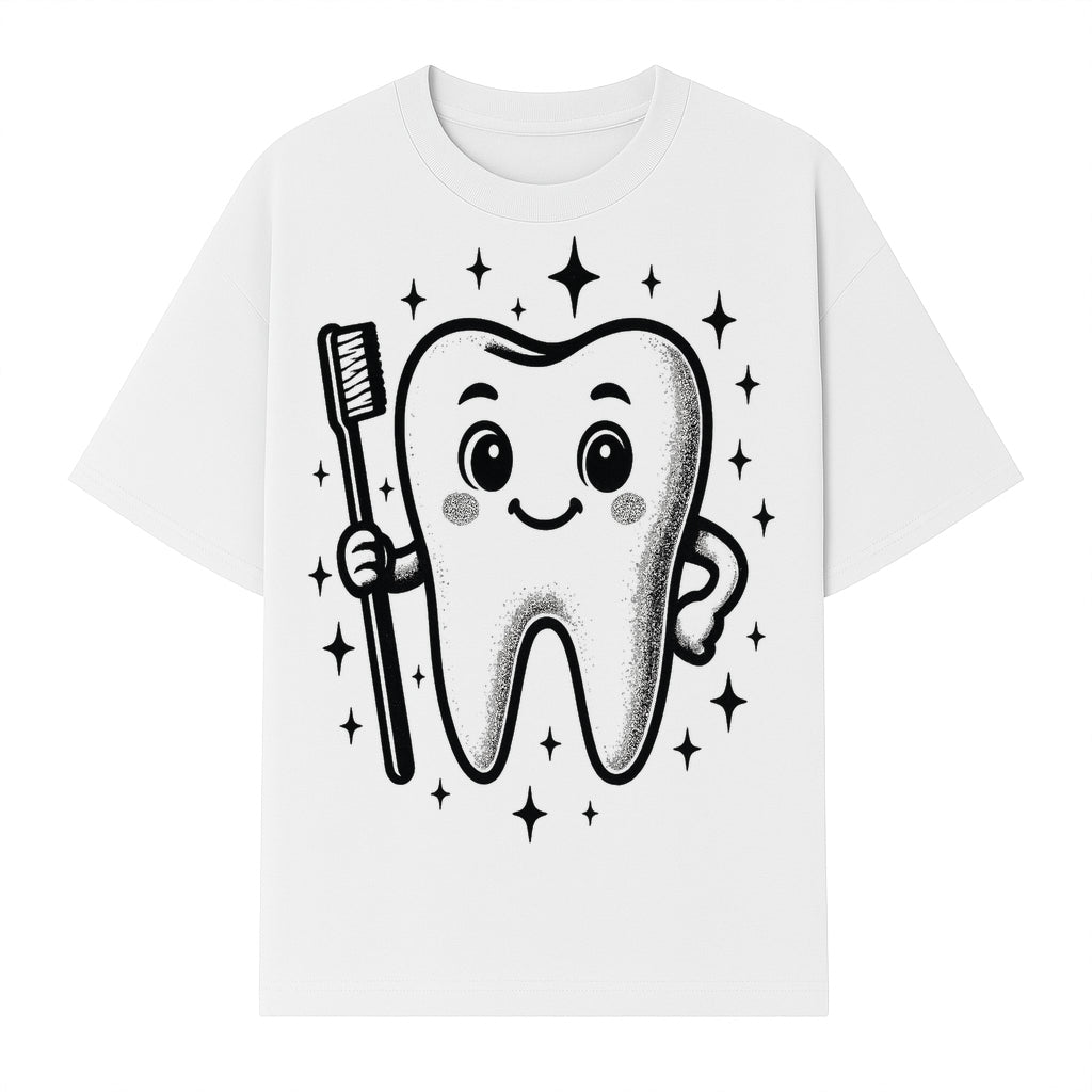 Cute Tooth Character with Toothbrush and Sparkles, Kids Dental Hygiene Art Print, Adorable Tooth Decor for Children's Room - T-shirt 1758250148122.jpg