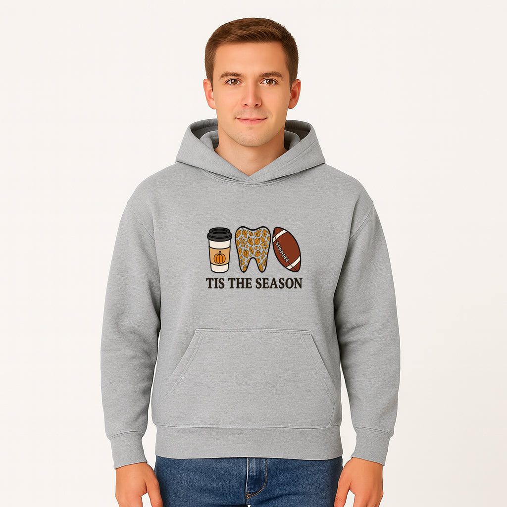 Tis the Season Fall Decor: Pumpkin Coffee, Leafy Tooth, Football Theme Gift for Dental Hygiene, Autumn Collection - Hoodie 1758250148530.jpg