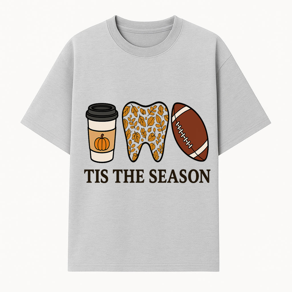 Tis the Season Fall Decor: Pumpkin Coffee, Leafy Tooth, Football Theme Gift for Dental Hygiene, Autumn Collection - T-shirt 1758250148865.jpg