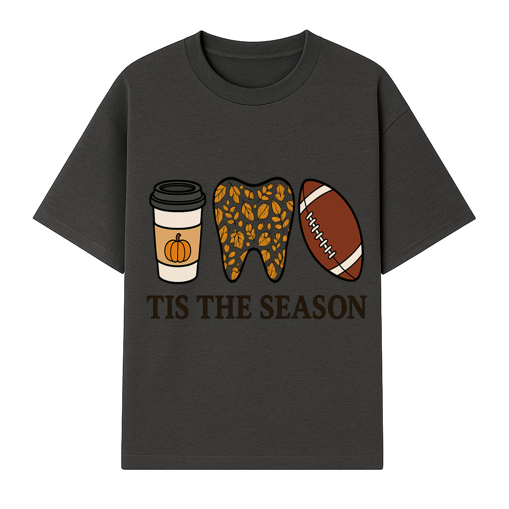 Tis the Season Fall Decor: Pumpkin Coffee, Leafy Tooth, Football Theme Gift for Dental Hygiene, Autumn Collection - T-shirt 1758250149189.jpg