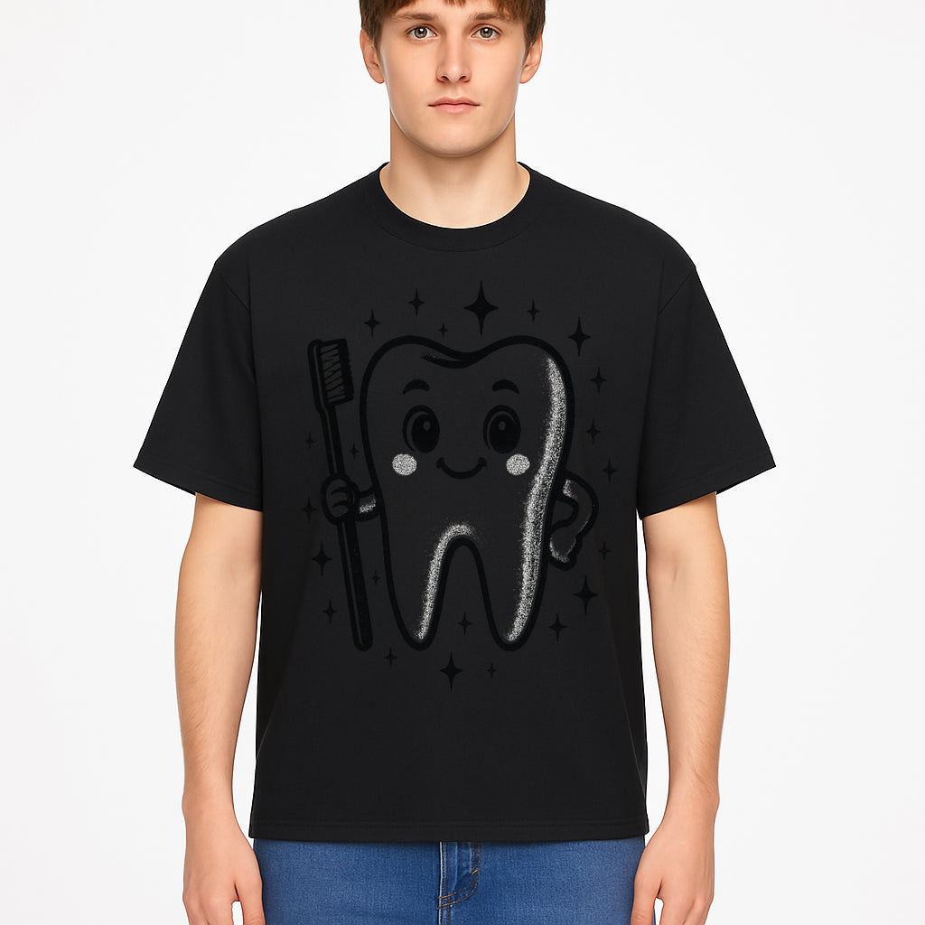 Cute Tooth Character with Toothbrush and Sparkles, Kids Dental Hygiene Art Print, Adorable Tooth Decor for Children's Room - T-shirt 1758250149307.jpg