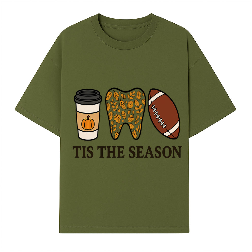 Tis the Season Fall Decor: Pumpkin Coffee, Leafy Tooth, Football Theme Gift for Dental Hygiene, Autumn Collection - T-shirt 1758250149351.jpg