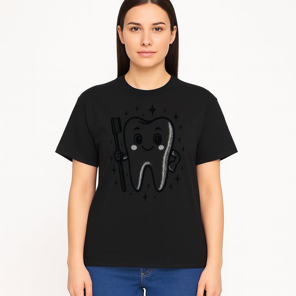 Cute Tooth Character with Toothbrush and Sparkles, Kids Dental Hygiene Art Print, Adorable Tooth Decor for Children's Room - T-shirt 1758250149481.jpg