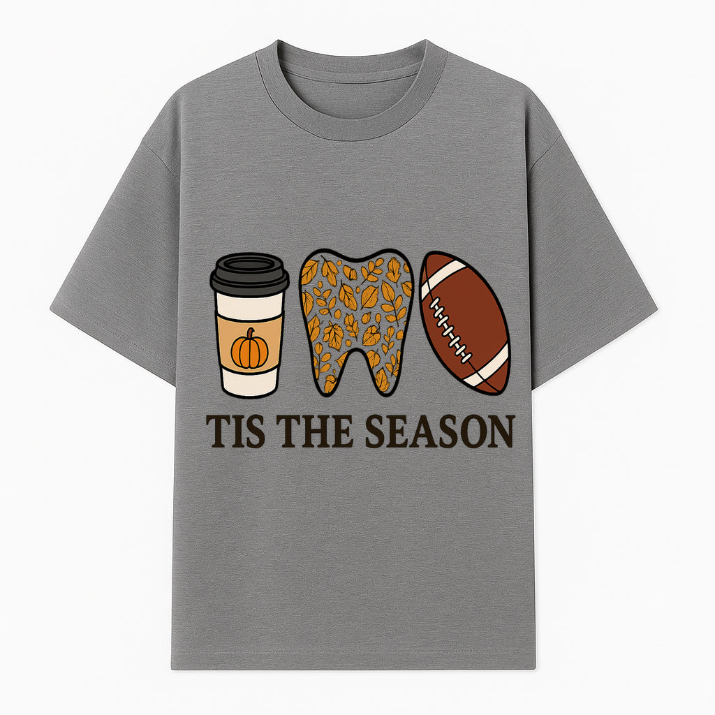 Tis the Season Fall Decor: Pumpkin Coffee, Leafy Tooth, Football Theme Gift for Dental Hygiene, Autumn Collection - T-shirt 1758250149511.jpg